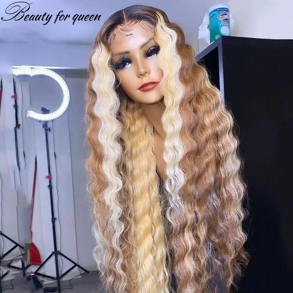 Perruque Lace Front Wig Deep Wave Naturelle, Cheveux Humains, Couleur Blond Miel Ombré #4/27, 13x4, Densité 180%, pour Femme