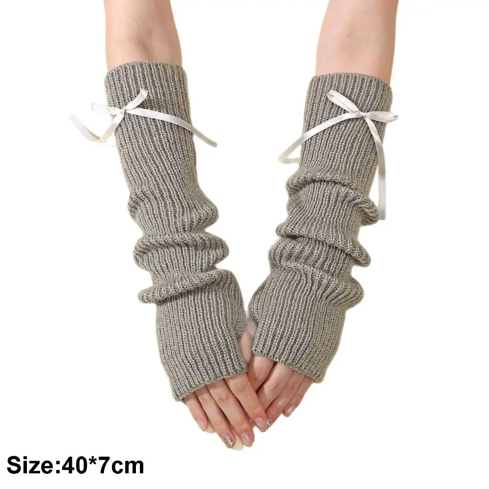 Fashion Y2K Long Wrist Gloves Thicken Soft Knitted Arm Sleeves Solid Color Bowknot Arm Warmers Women