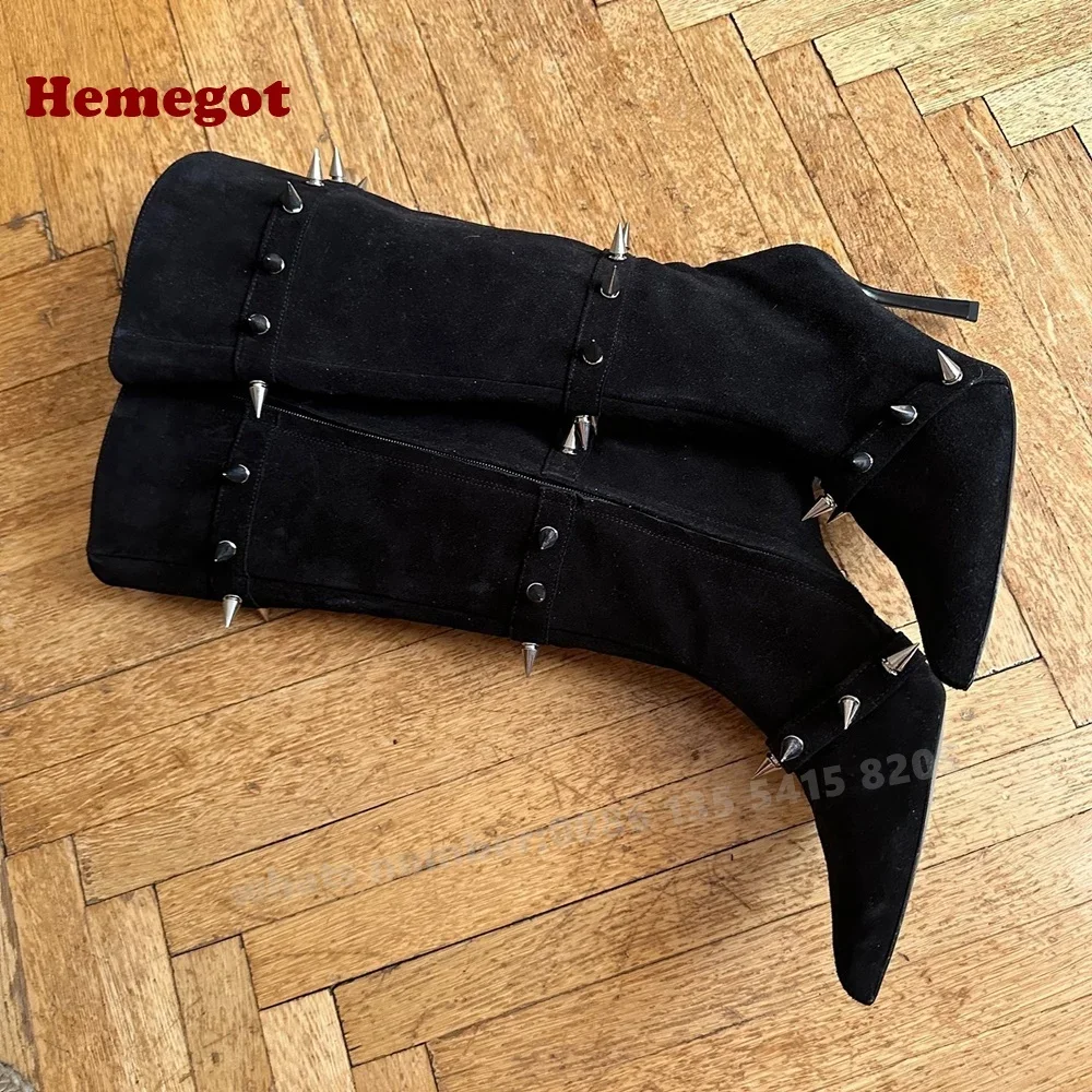Black Suede Rivet Side Zipper Stiletto Women's Long Boots Studded Pointy Toe Knee High Boots Winter Thin High Heels Luxury Shoes