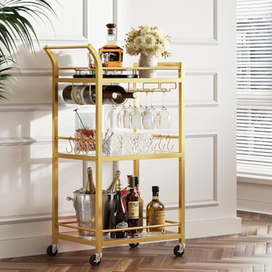 

Bar Cart, Home Bar Serving Cart with 3-Tier Mirrored Shelf, Wine Cart, Mobile Kitchen Shelf, BC01BB034