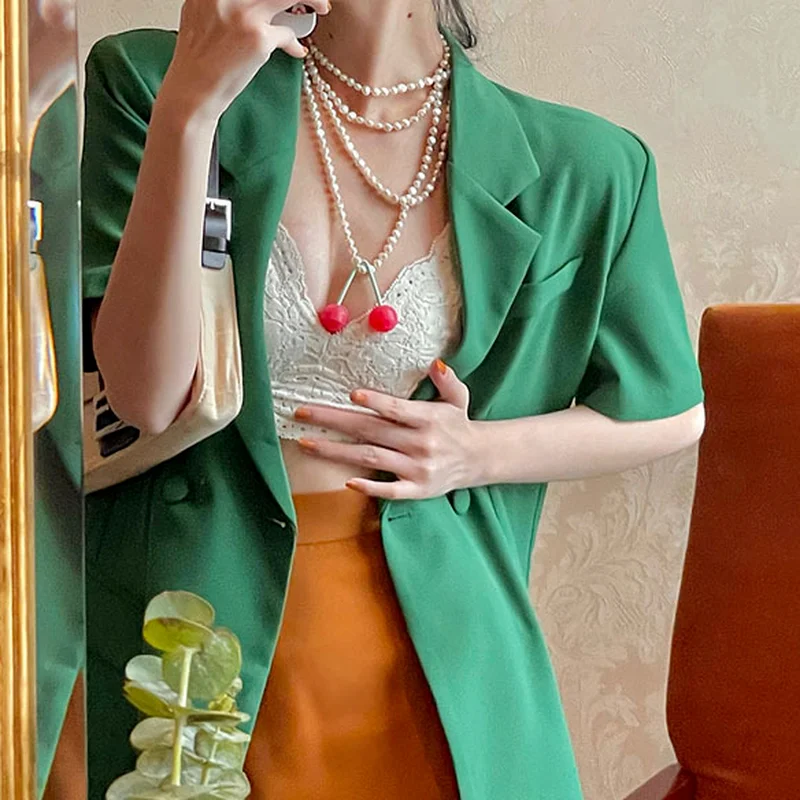 Retro Spring and Summer 2022 New Short-sleeved Green Suit Jacket Women's Thin Temperament Fashion Casual Small Suit Jacket