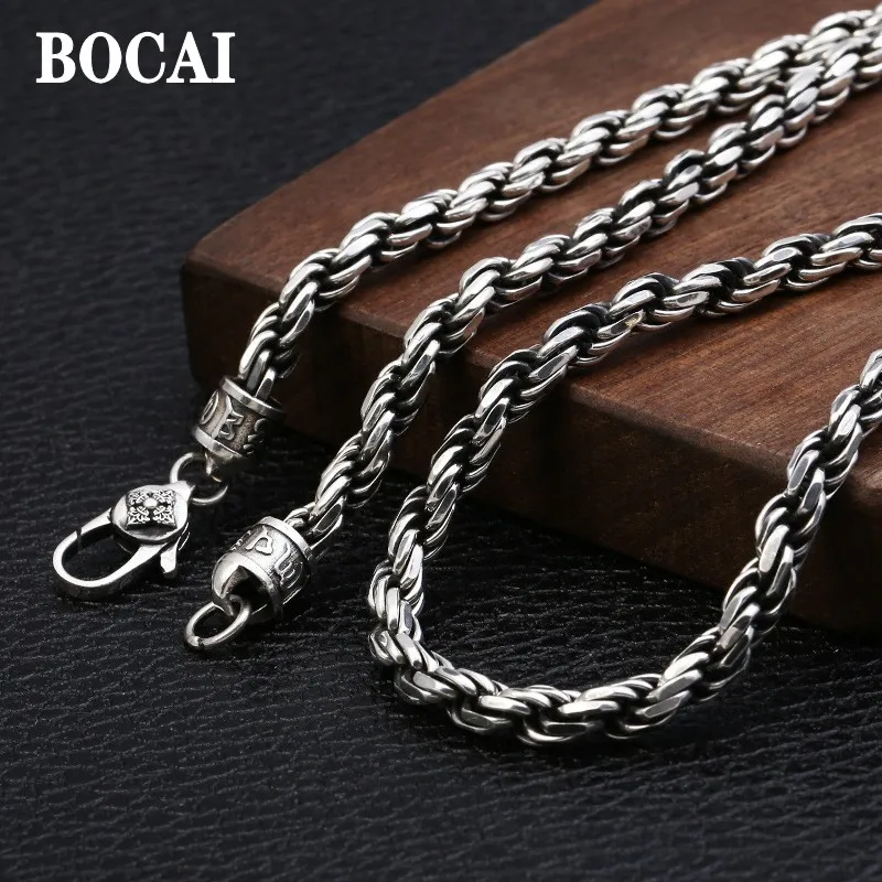 

BOCAI New 100% Real S925 Pure Silver Fashion Jewelry 4MM Weaving Personality Man Necklace