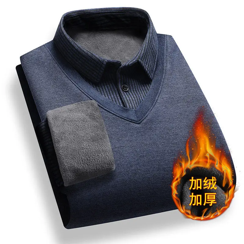 Man Clothes Fake Two Piece Fleece-lined Sweater Men\'s Knitted with Plush Thick Pullover Warm shirt collar Bottom Shirts Sweater