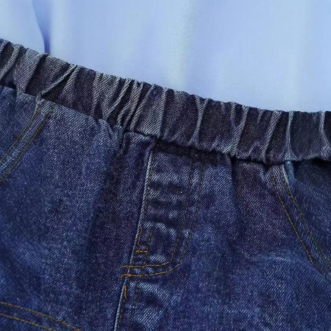 2025 New Spring and Summer Cross-border Girls Ruffled Collar Fly Sleeve Top Bow Denim Splicing Denim Skirt Two-piece Set 4-7Y