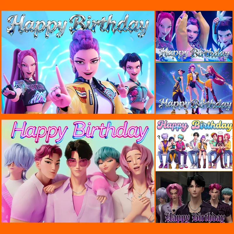 Dewprint – décorations d'anniversaire de démon Kpop, bannière d'arrière-plan dorée pour les Fans de films de chasseurs, accessoires de fond de fête pour filles et enfants