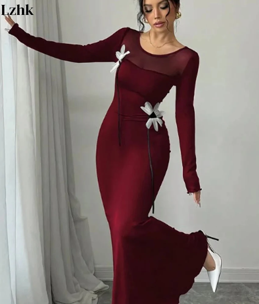 Customized High Quality Jersey Mermaid 3D Flowers Evening Dress Temperament O-neck Long Sleeves Ankle Length Celebrity Gowns