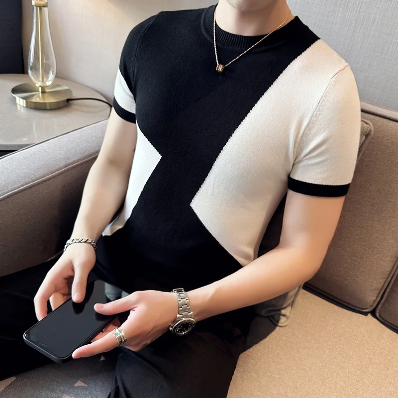 

Мужская летняя вязаная футболка с круглым вырезом и цветовыми блоками, пуловер с коротким рукавом, модный облегающий базовый свитер, повседневный топ