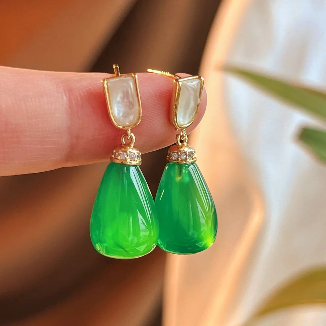 

National style retro fashion design natural chalcedony earrings classical charm water drop-shaped earrings temperament thin new