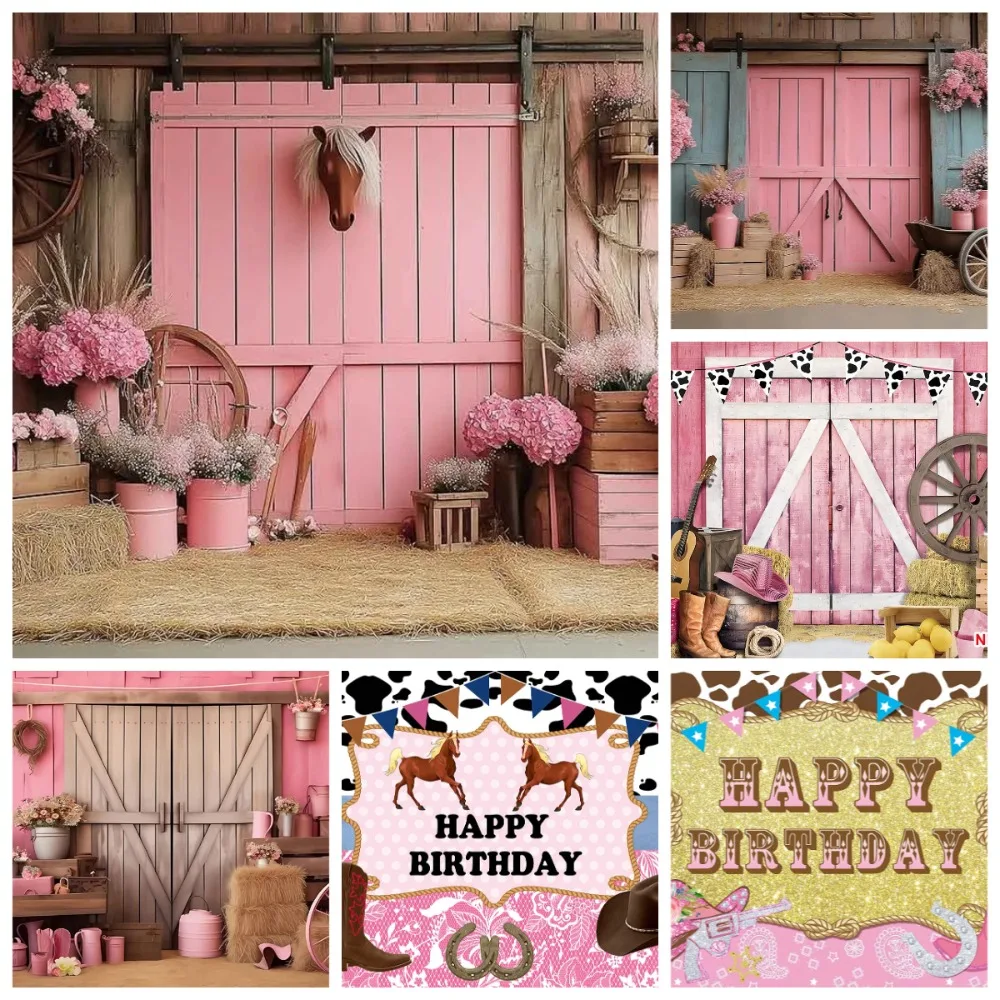 Pink Wild West Cowboy Theme Banner Decoration Background, Children's Birthday Party, Home Decoration Photography Backdrop Cloth