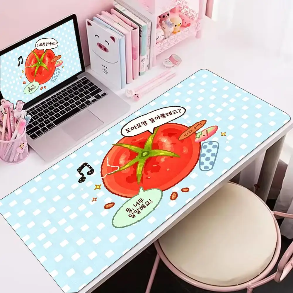 Cute Tomato Korean Gingham Pastel Cartoon Large Gaming Mouse Pad XXL Desk Mat Non-Slip Stitched Edge for Kawaii Desk Mat