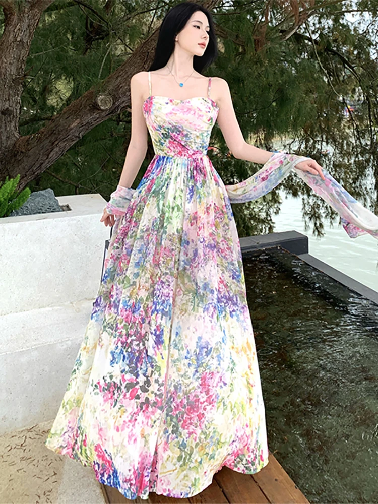 Summer Floral Chiffon Chic Square Collar Sling Long Dress Women Elegant International Dresses 2026 Korean Bodycon Evening Dress