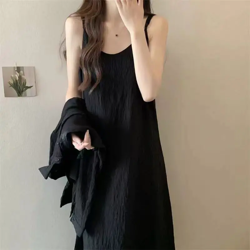 Summer High Street Black Mid Length Dress Korean Fashion Solid Vintage Backless Sexy Elegant Sleeveless All-match Slip Dress New