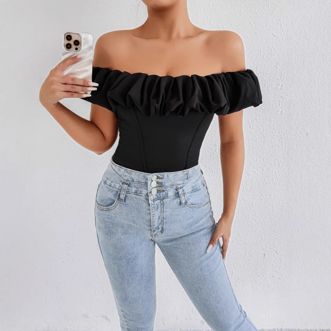 حار بيع جديد أكمام تكدرت المرأة الأعلى النمط الأوروبي والأمريكي مثير سطر واحد طوق خارج على الكتف تي شيرت #1