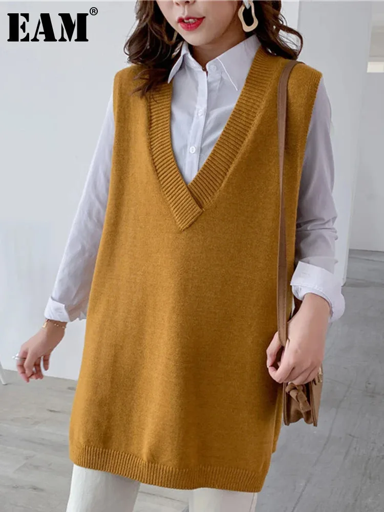 EAM-suéter de punto con abertura lateral amarilla para mujer, Jersey sin mangas con cuello en V, talla grande, tendencia de moda, primavera y otoño, 2024, 1DH6441