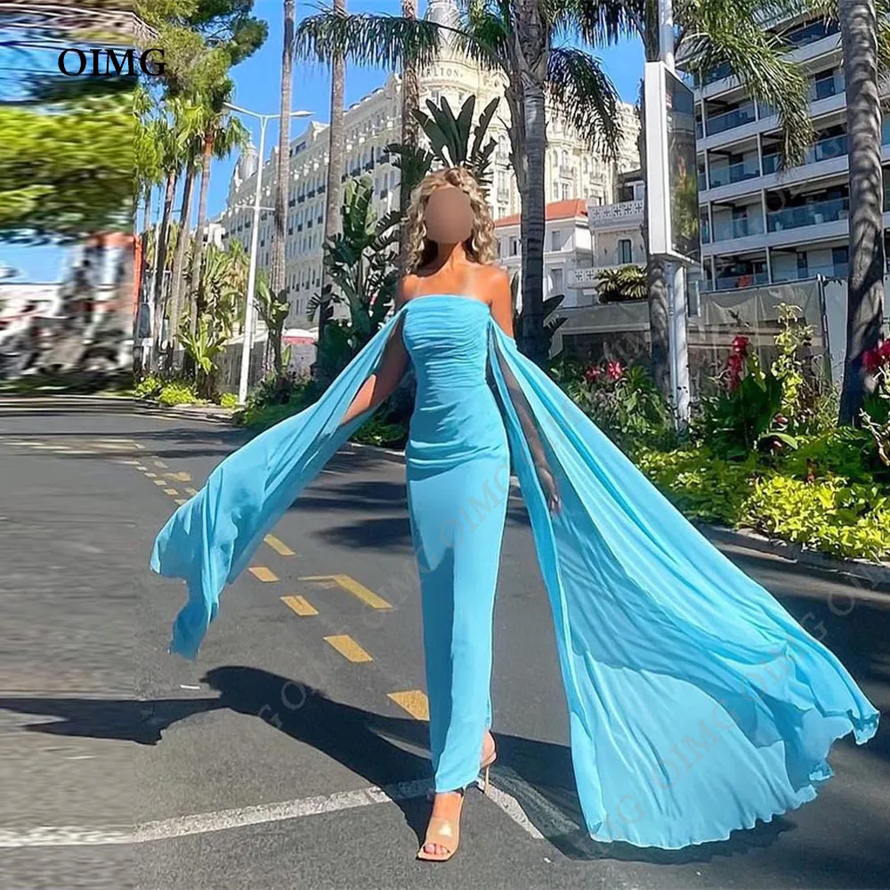 

OIMG Sky Blue Chiffon Short Cocktail Party Dresses Strapless Long Sheath Prom Dress Custom Women Bodycon Evening Party Gowns