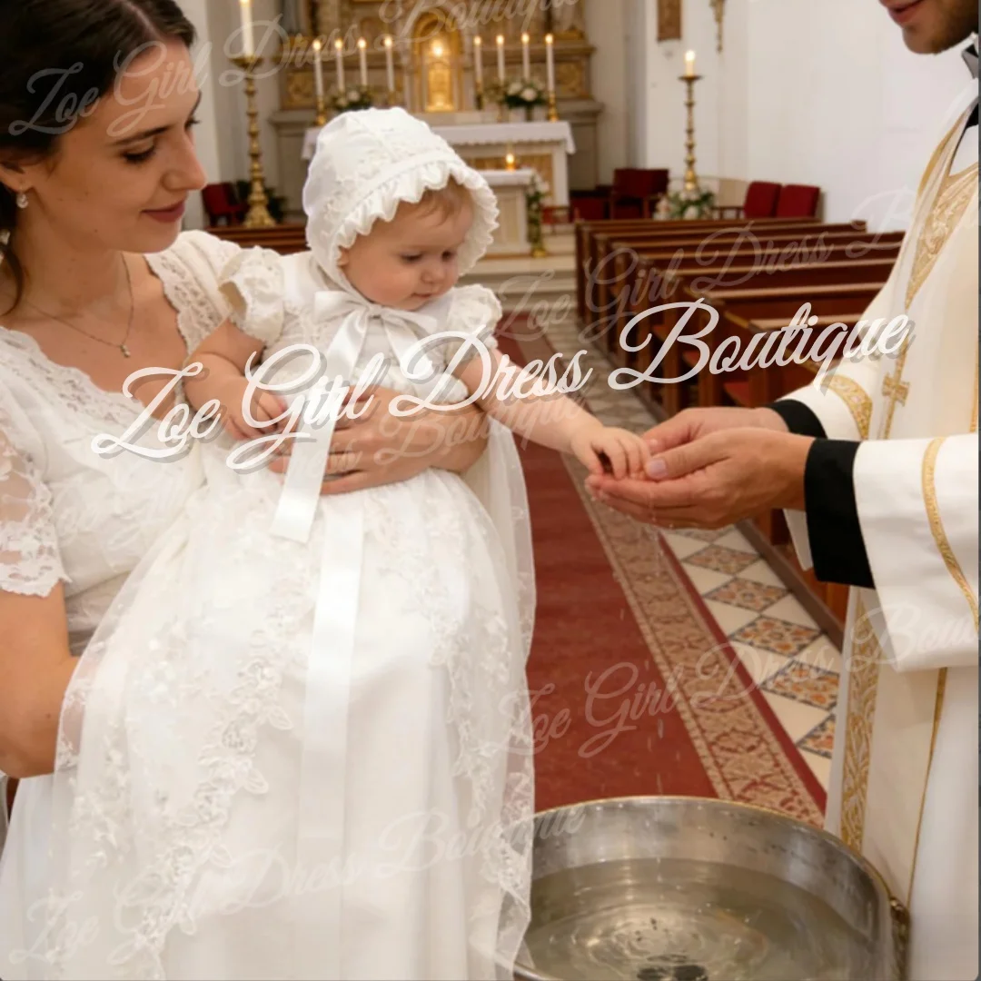 White Puff Sleeve Baby Christening Dress Bow Lace A‑Line Gown Infant Baptism First Holy Communion Customized Gowns