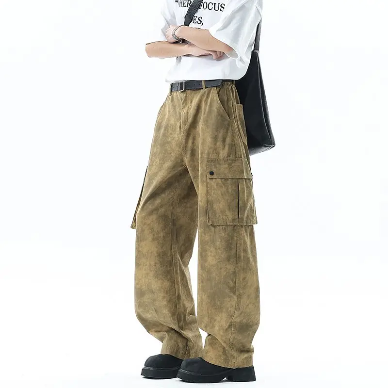 

Men's Four Seasons American Retro Tie Dyeing Dirty Pants New Casual Cotton Design Wide Leg Loose Straight Work Pants
