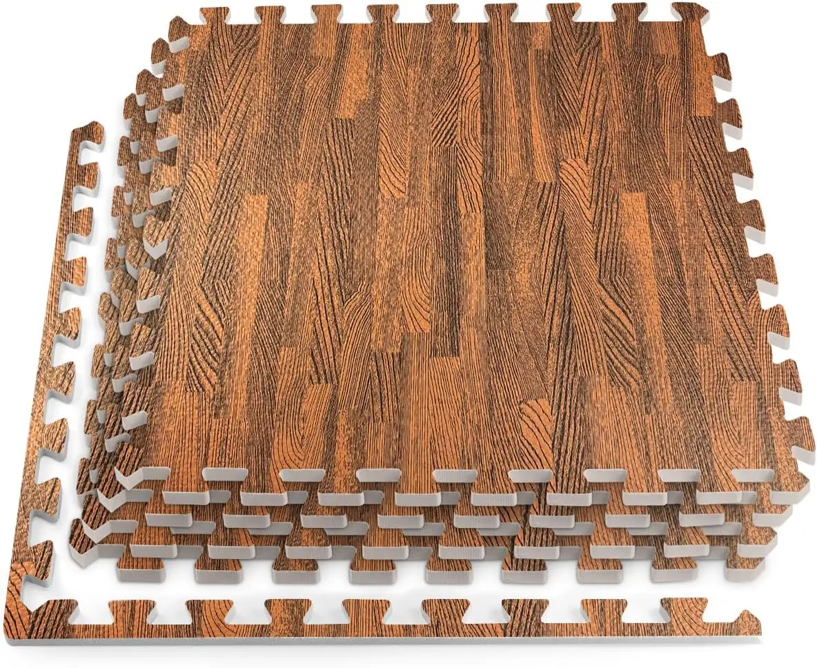 3/8 Inch Thick Interlocking Wood Grain Foam Floor Tiles for Home, Office, Workout Equipment Space, Commercial Areas