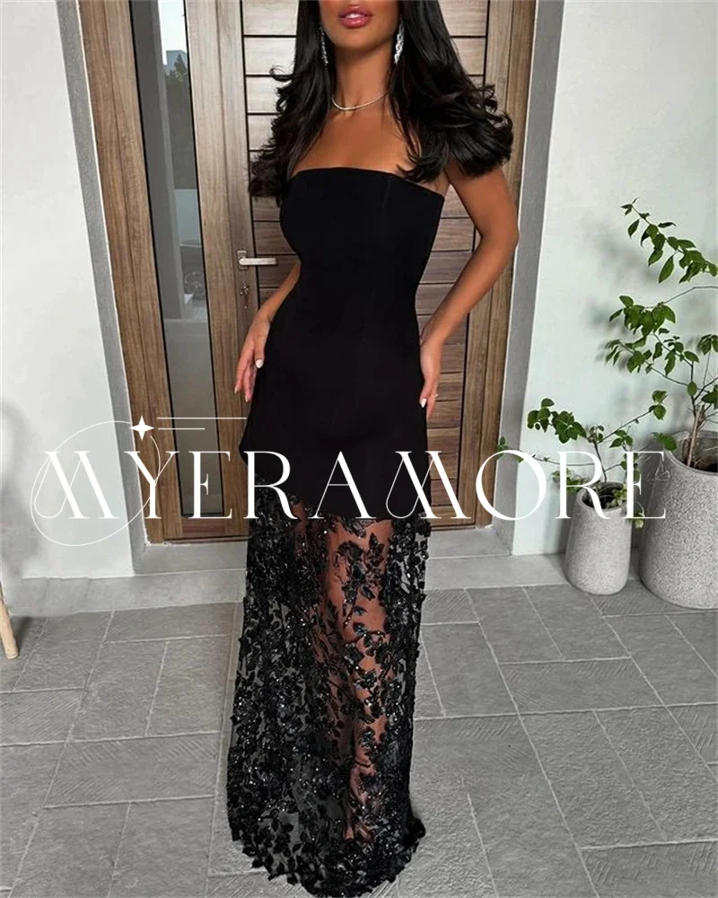 Sexy Black Evening Dresses Strapless A Line Prom Dresses Floor-Length Special Occasion Gowns Customized فساتين سهرات