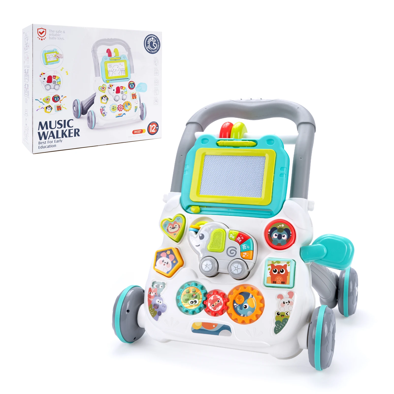 Baby Cartoon Push Walker Toys with Music Drawing Board Multifunction Activity Learning Walk Toddler Walker for 12M+ Infants
