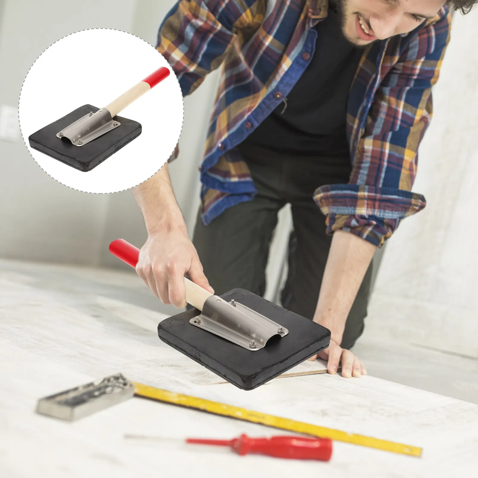 Bloque de golpeo de goma con mango de madera para instalación de pisos laminados y de vinilo, herramienta duradera para la colocación de pisos.