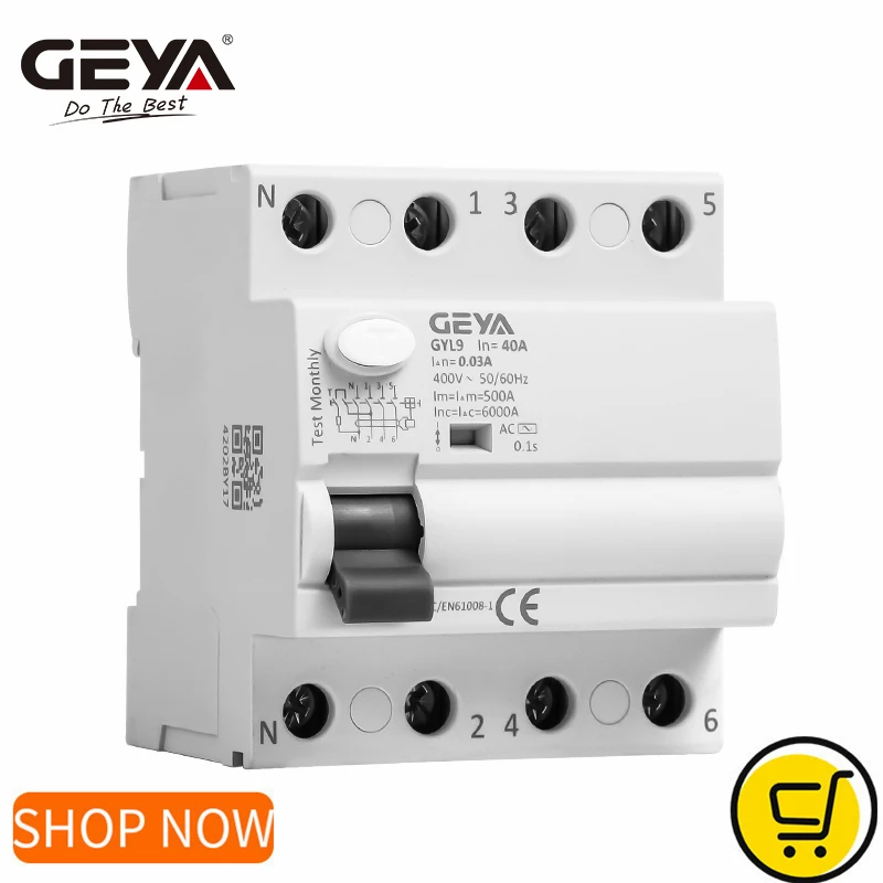 GEYA GYL9 AC Residual Current Circuit Breaker Differential Breaker Safety Switch 4P 25A 40A 63A 100A ELCB 30mA 100mA 300mA