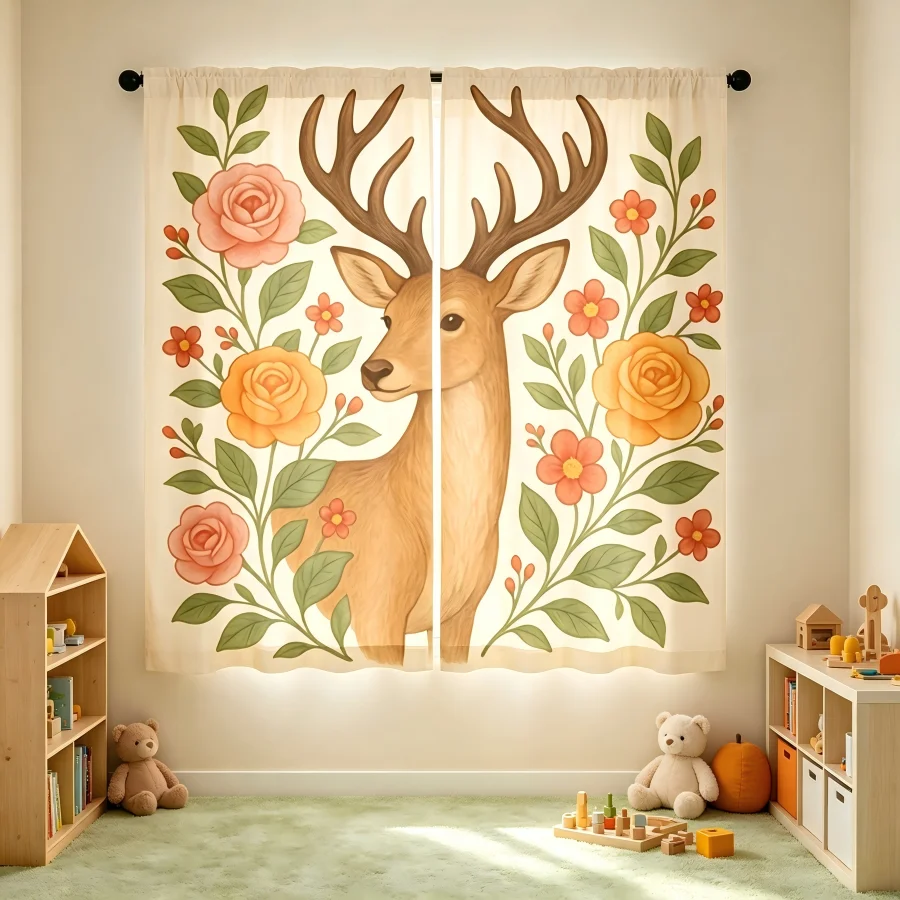 2PCS Digital Print Curtain, Roses with Elk Deer Pattern, Woodland Romance Wildlife Nature Style for Living Room Bedroom Decor