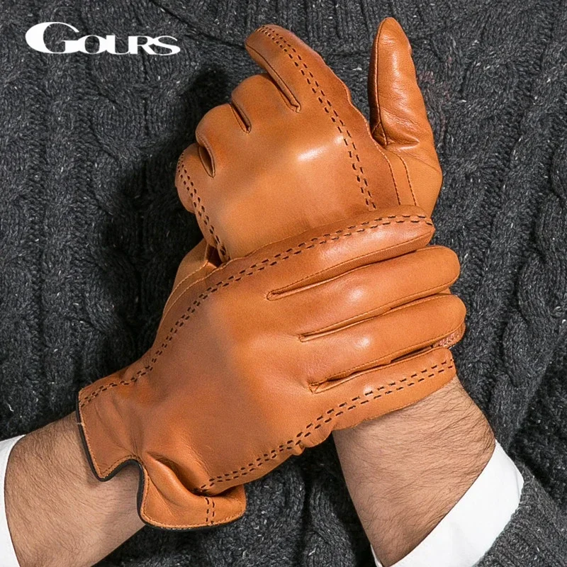 Gours Winter Men\'s Genuine Leather Gloves New Brand Touch Screen Gloves Fashion Warm Black Gloves Goatskin Mittens GSM012