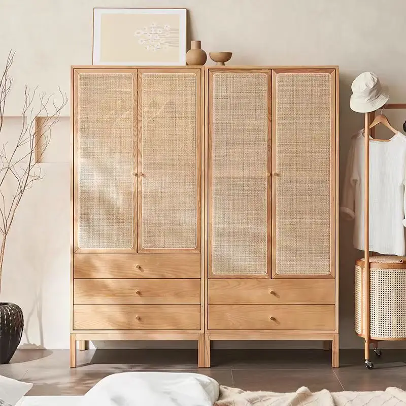 

Japanese Style Minimalist Retro Bedroom 4 Doors Double Door Opening Storage Rattan Woven Solid Wood Wardrobe Customized