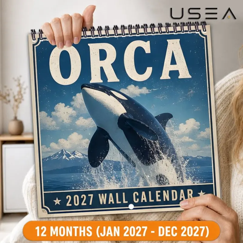 2027 Hanging Orca Ocean Calendar Twin Wire Spiral Binding Large Writable Blocks US Federal Holidays Aesthetic Wall Decor