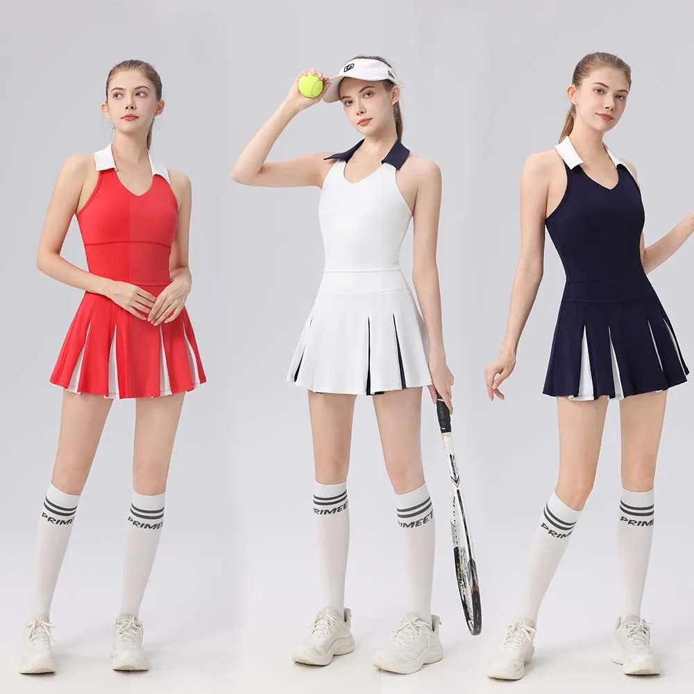 2 piece contrasting color splicing tennis skirt set golf skirt + lapel collar sports vest fitness running badminton sports suit