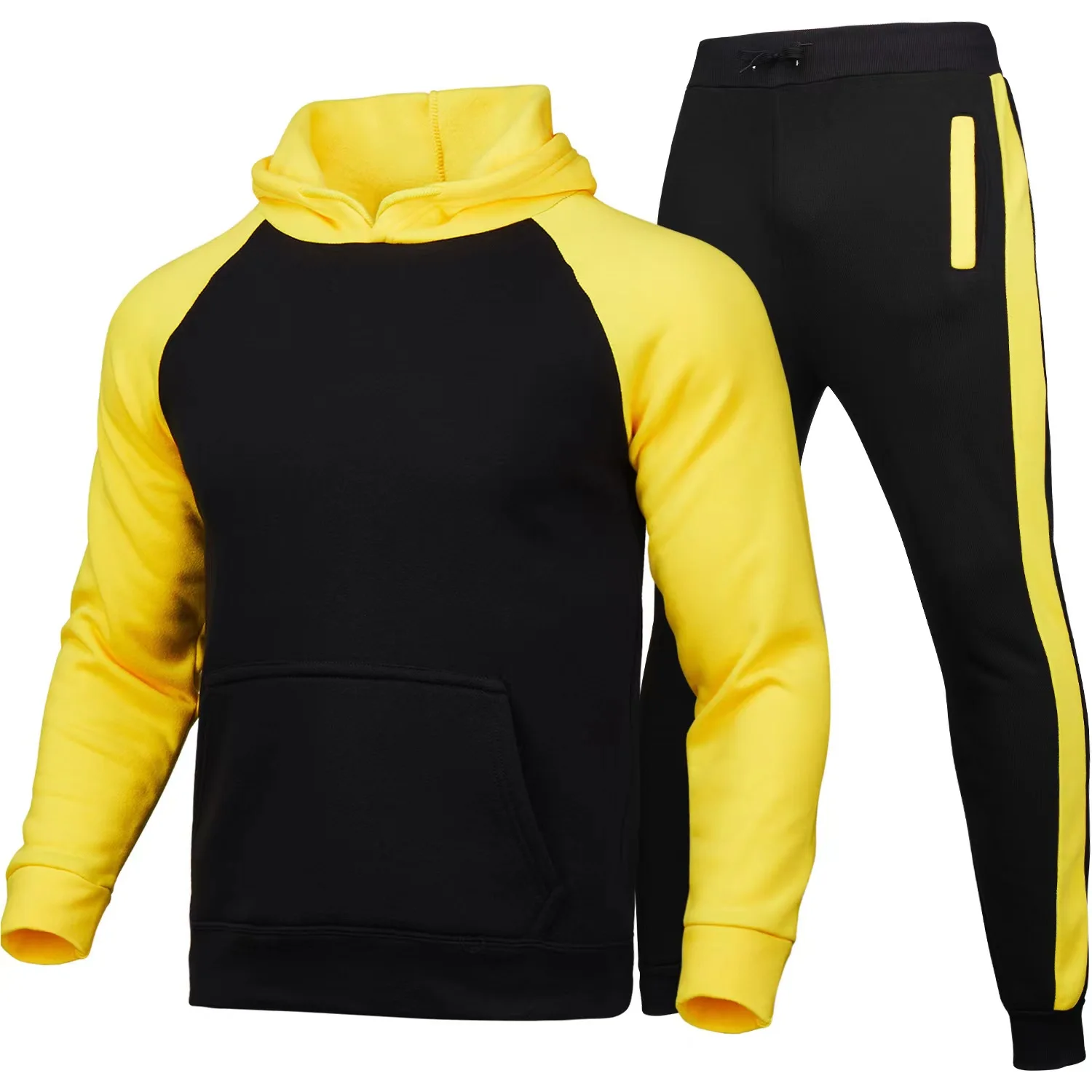2024 New Mens Loose Black Yellow Patchwork Hoodies Autumn New Men Hooded Sweatshirt Fashion Fleece Hoodie Man Sports Suit