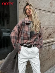 OOTN Casual Pink Plaid Shirts Blouses Female Summer Long Sleeve Striped Loose Tops Streetwear Single Breasted Shirts Coats Women