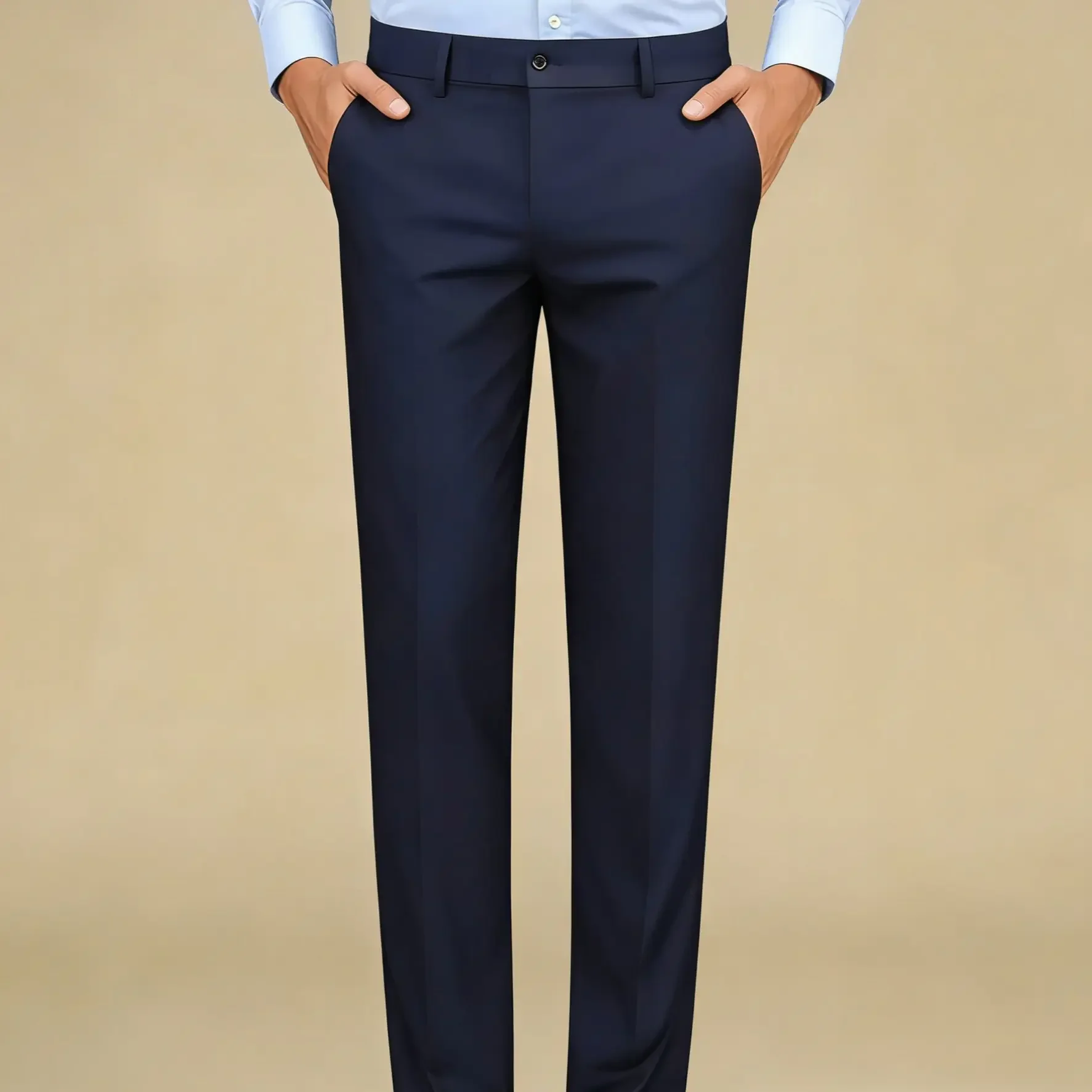 

Men’s Navy Blue Plain Formal Long Knitted Dress Pants, Stretch Wrinkle-Resistant Mid-Waist Slim Fit, Polyester Elastane Fabric with Zipper, Ideal for Formal Wear & Business Wear