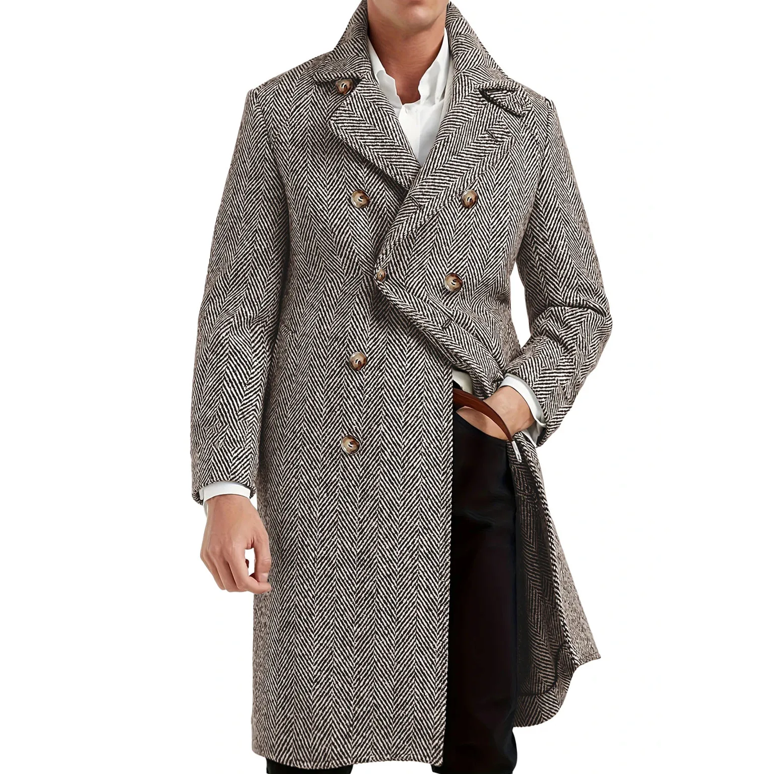 

Винтажное мужское длинное пальто с узором «елочка», двубортное полушерстяное пальто, теплая зимняя деловая куртка, индивидуальный пиджак