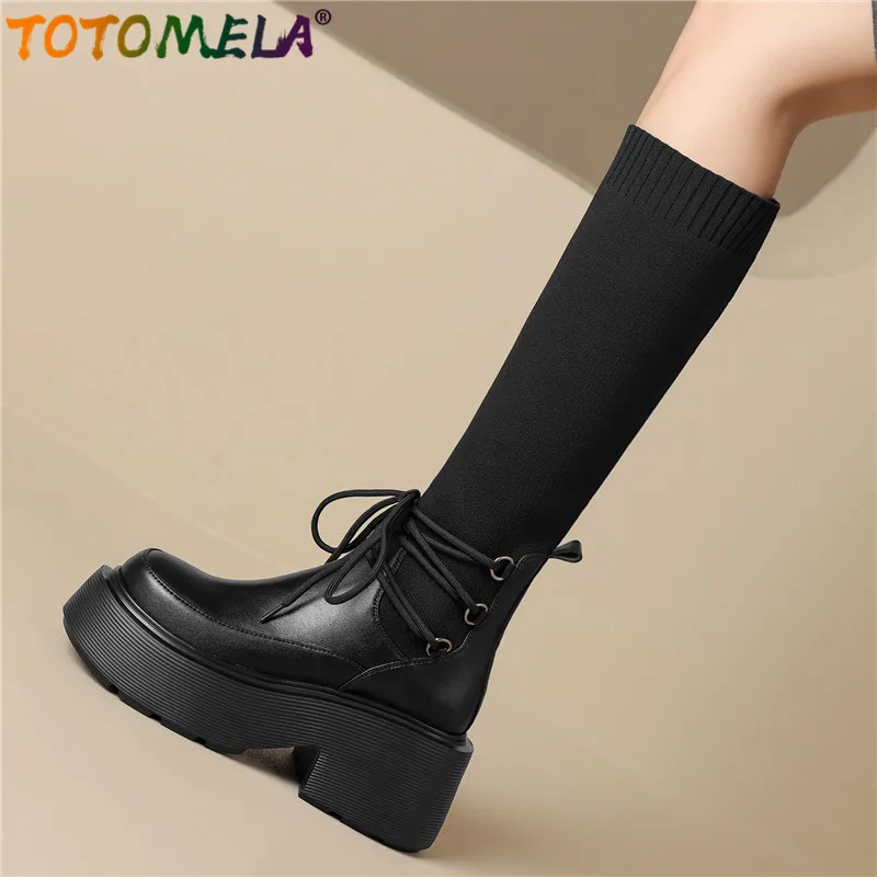 Totomela Größe 34-42 neue Mode Echt leder Stretch stiefel Damenschuhe Plattform Mid Calf Stiefel halbe Herbst Winters chuhe