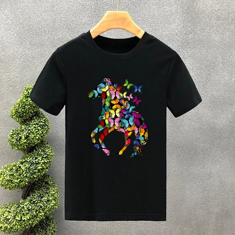 

2026 Роскошные футболки из чистого хлопка с бабочкой и лошадью, летние футболки для пар с принтом в стиле Харадзюку для мужчин и женщин, футболка с коротким рукавом