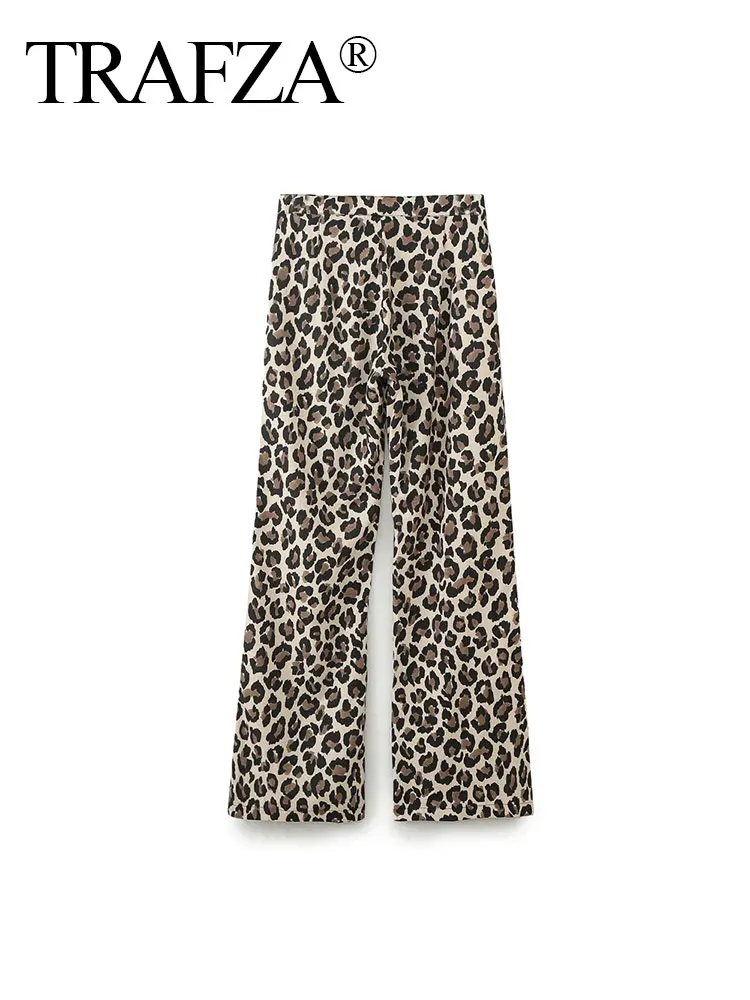 TRAFZA Leopard Print Wide Leg Pants For Women 2024 Summer High Waist Slim Straight Long Trousers Streetwear Fashion Bottoms