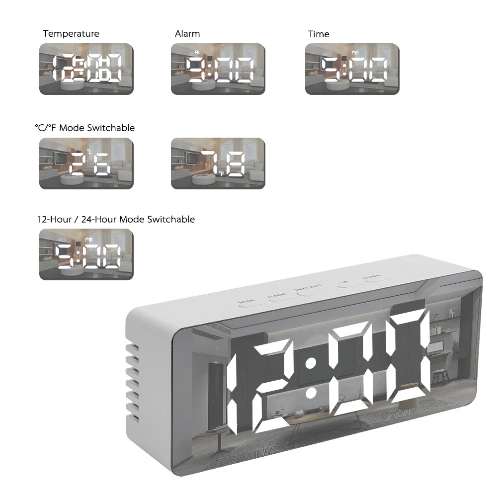 Thermometer Mirror Clock with Snooze  USB & Battery Operated Desk Table Alarm Clocks Digital  Display Desktop Clock