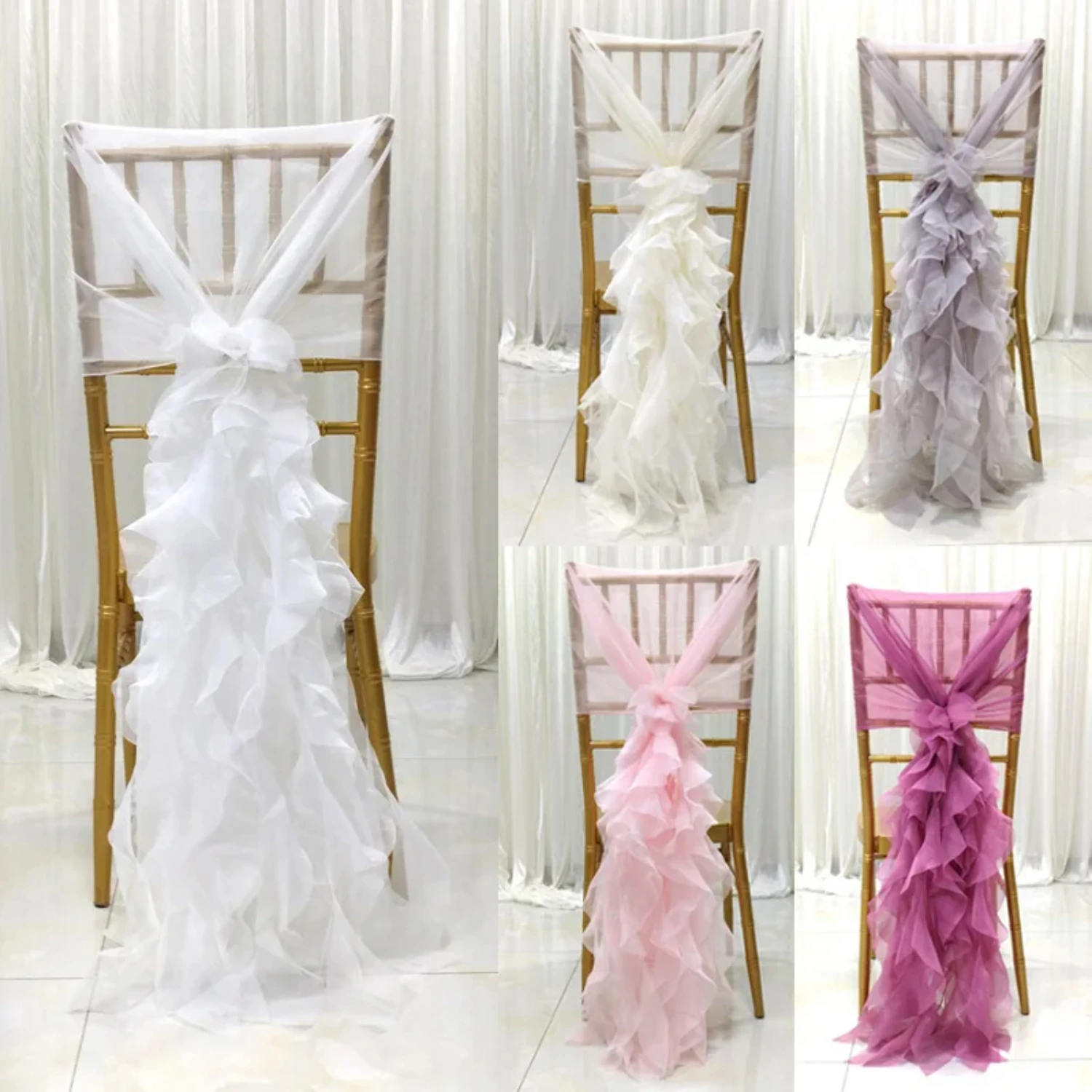 

Romantic Chiffon Hoods Ruffles Chair Sashes Band Sheer Milk Yarn Hotel Wedding Party Event Banquet Chair Cover Decoration Supply