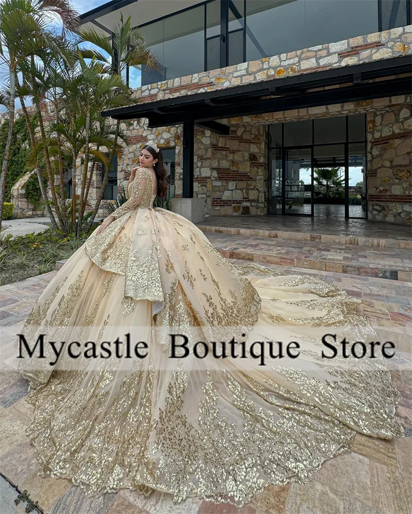 Luxury Shiny Gold Lace Sequins Quinceanera Dress 2024 Long Sleeve Pearls Beaded Ruffles Sweet 16 Dress  Vestidos De XV 15 Anos