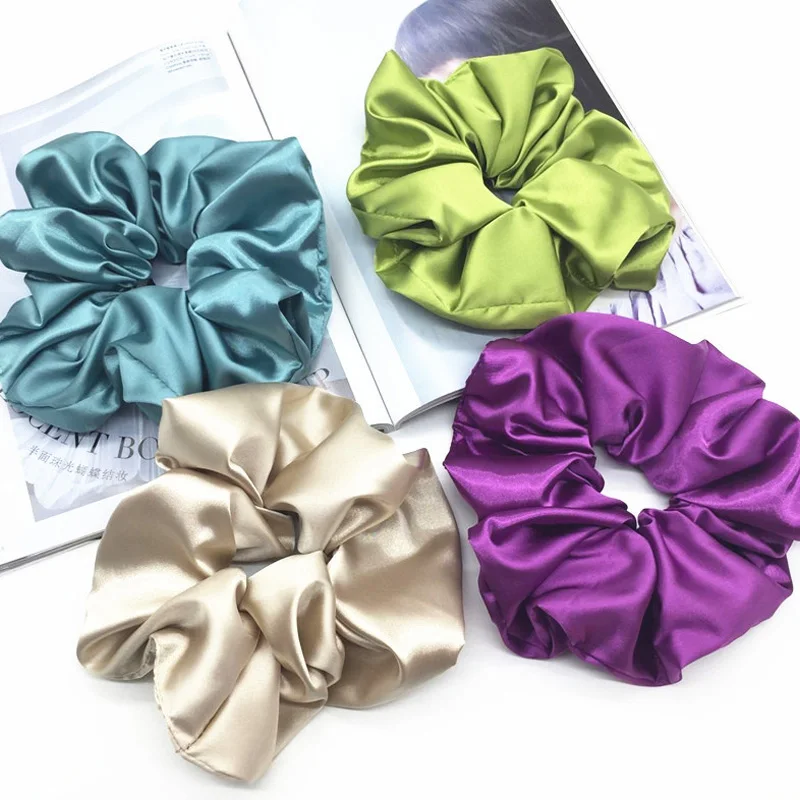 Women Soild Color Oversized Satin Scrunchies Fashion Elastic Hair Ties Ponytail Holder Chiffon Scrunchies Femme