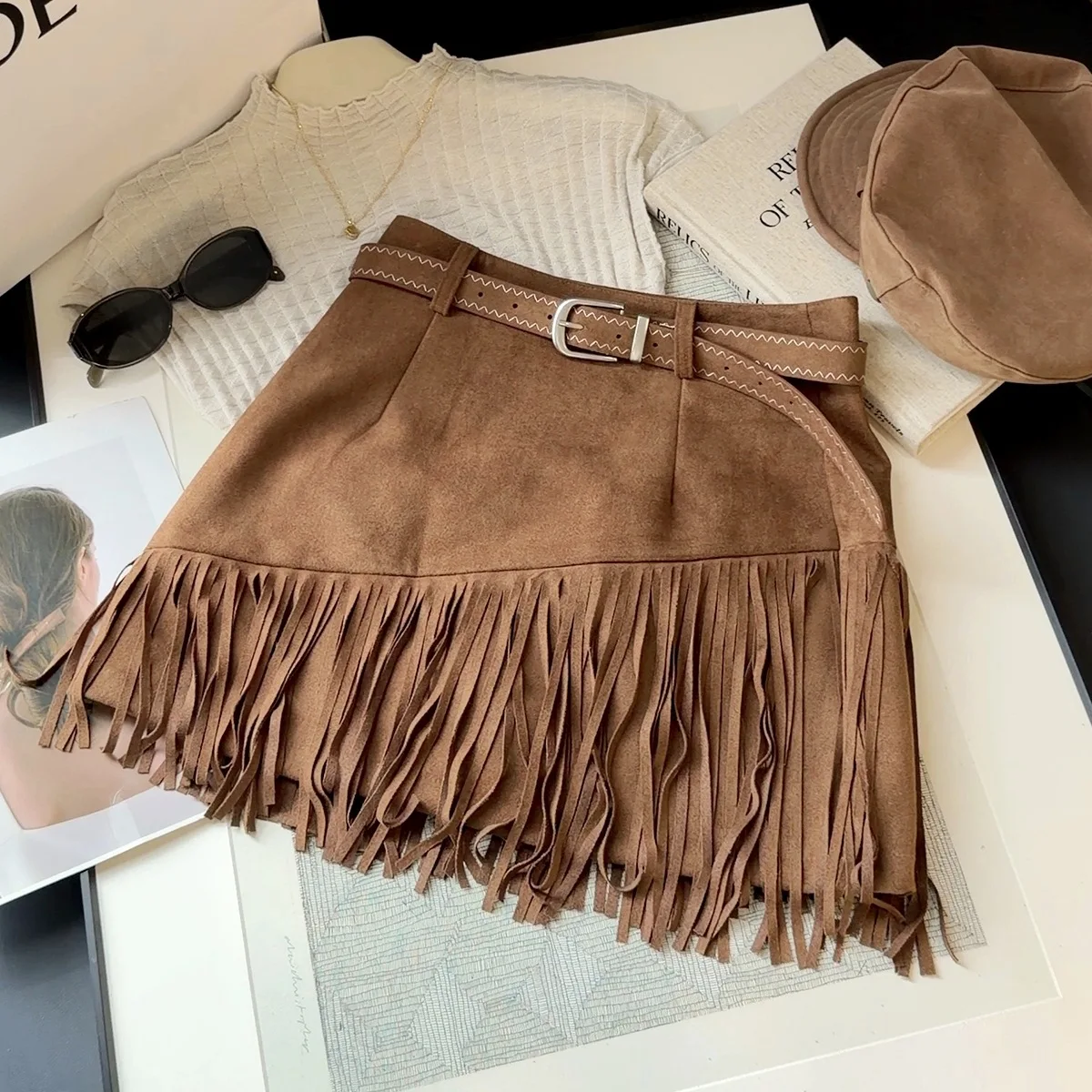 Tassel Suede Skirt Women Autumn New Design Sense Retro High Waist Spice Girl A-word Skirt