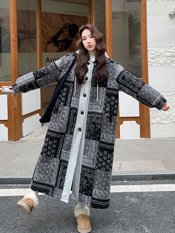

Ele Long Woolen Coat Women's Thiened Fur Inteated Vintage Print Autumn Winter New Sle Warm Large Coat Korean Sle