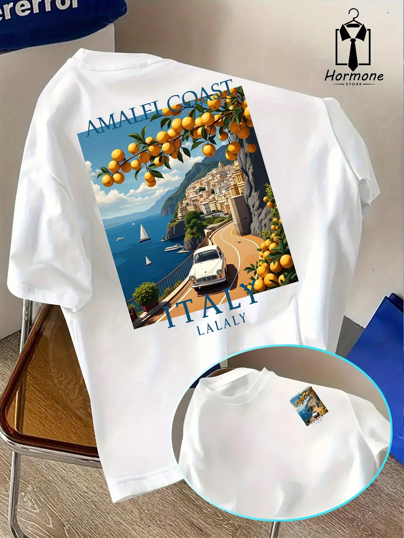 Summer Men Italian Travel Style Amalfi Coast Pattern Loose T-Shirt Suitable for Daily Casual Wear 100% Cotton Material Versatile