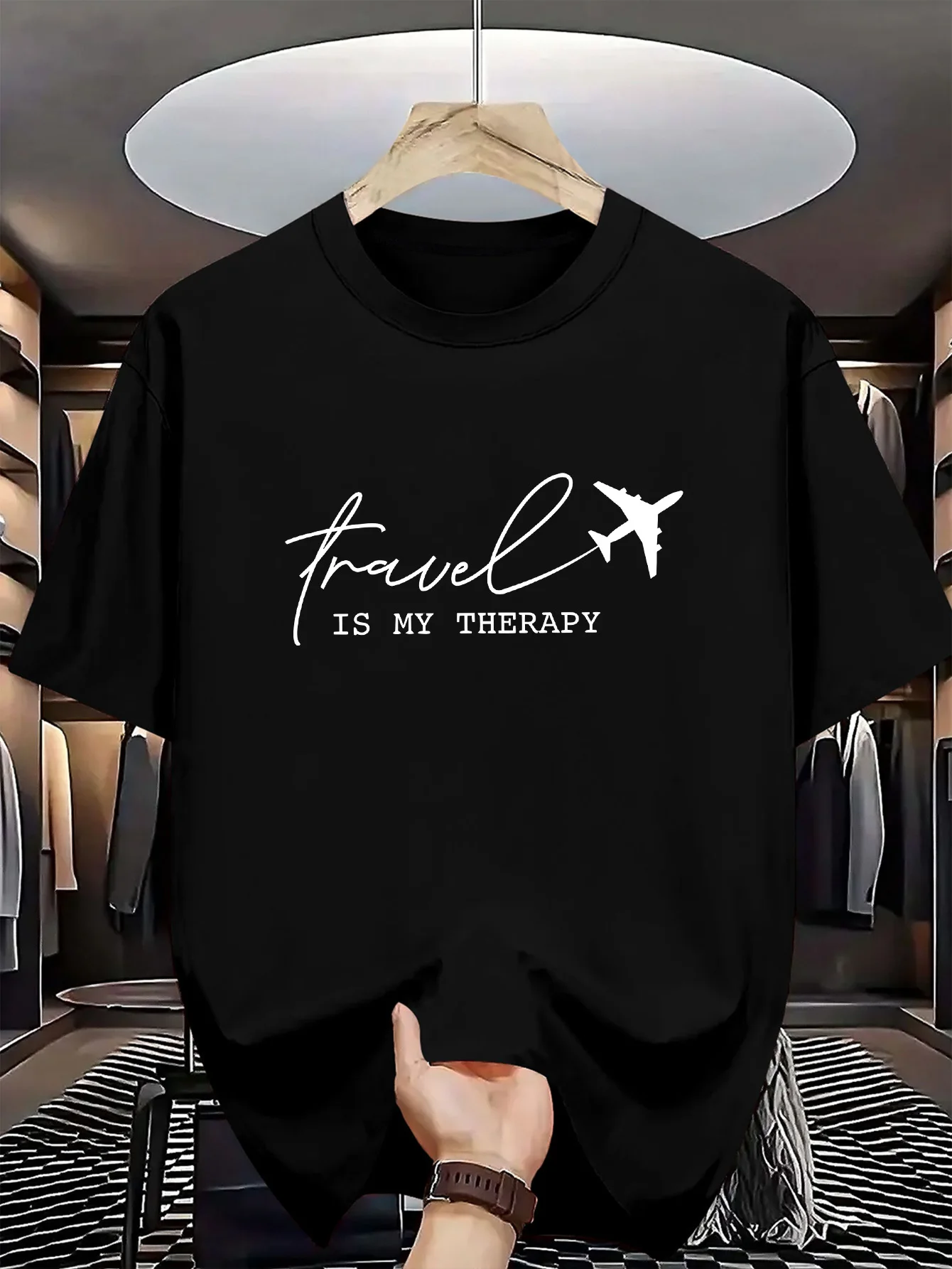 Travel Is My Therapy Airplane Graphic Mens T Shirt Wanderlust Traveler Short Sleeve Crew Neck Cotton Tee Casual Wear Top