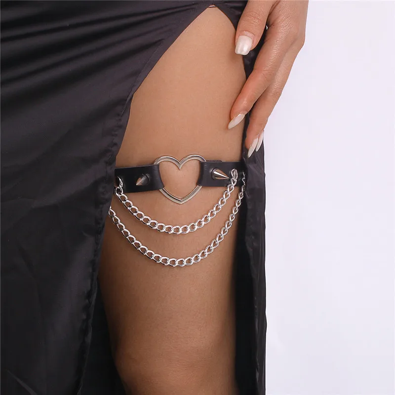 Fashion Sexy Leg Chain Leather Elastic Spiked Leg Harness For Women Girls Goth Heart Thigh Garter Belt Rave Body Jewelry Gift