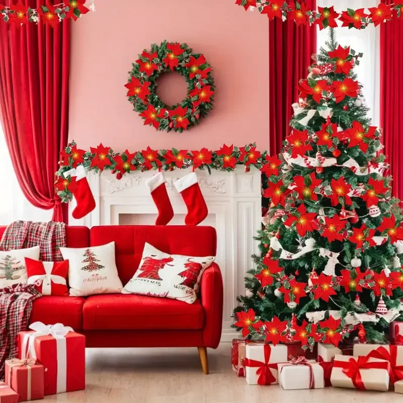 1PCS Weihnachten Girlande Weihnachtsstern Blumen Dekorationen Künstliche mit Roten Beeren Stechpalmen Blätter Baum Dekor Weihnachten Party Kamin
