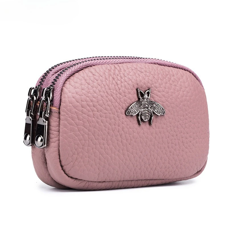 Genuine Leather Coin Purse for Women Cute Bee Design Double Zipper Cowhide Change Pouch Handheld Small Wallet Gift