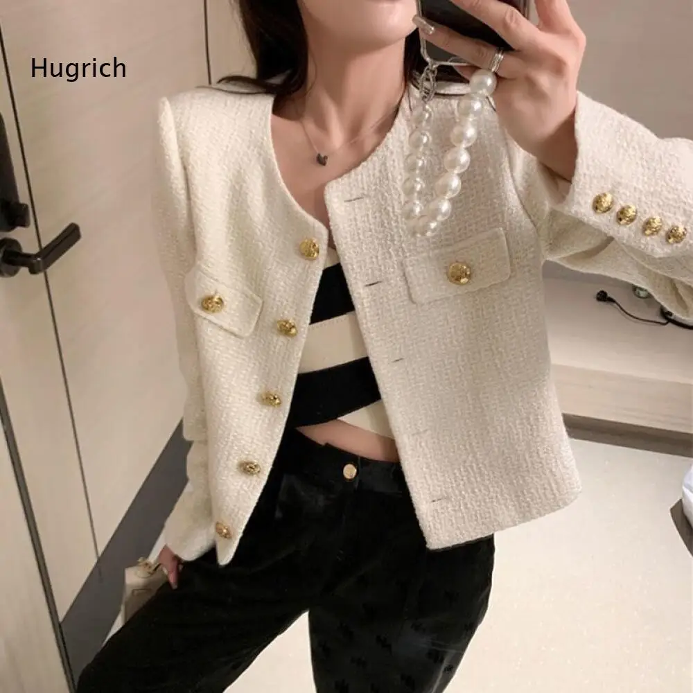 Ladies Round Neck Short Style Outer Jacket Long Sleeve Metal Button Decoration With Flap Pockets For Multiple Daily Matches